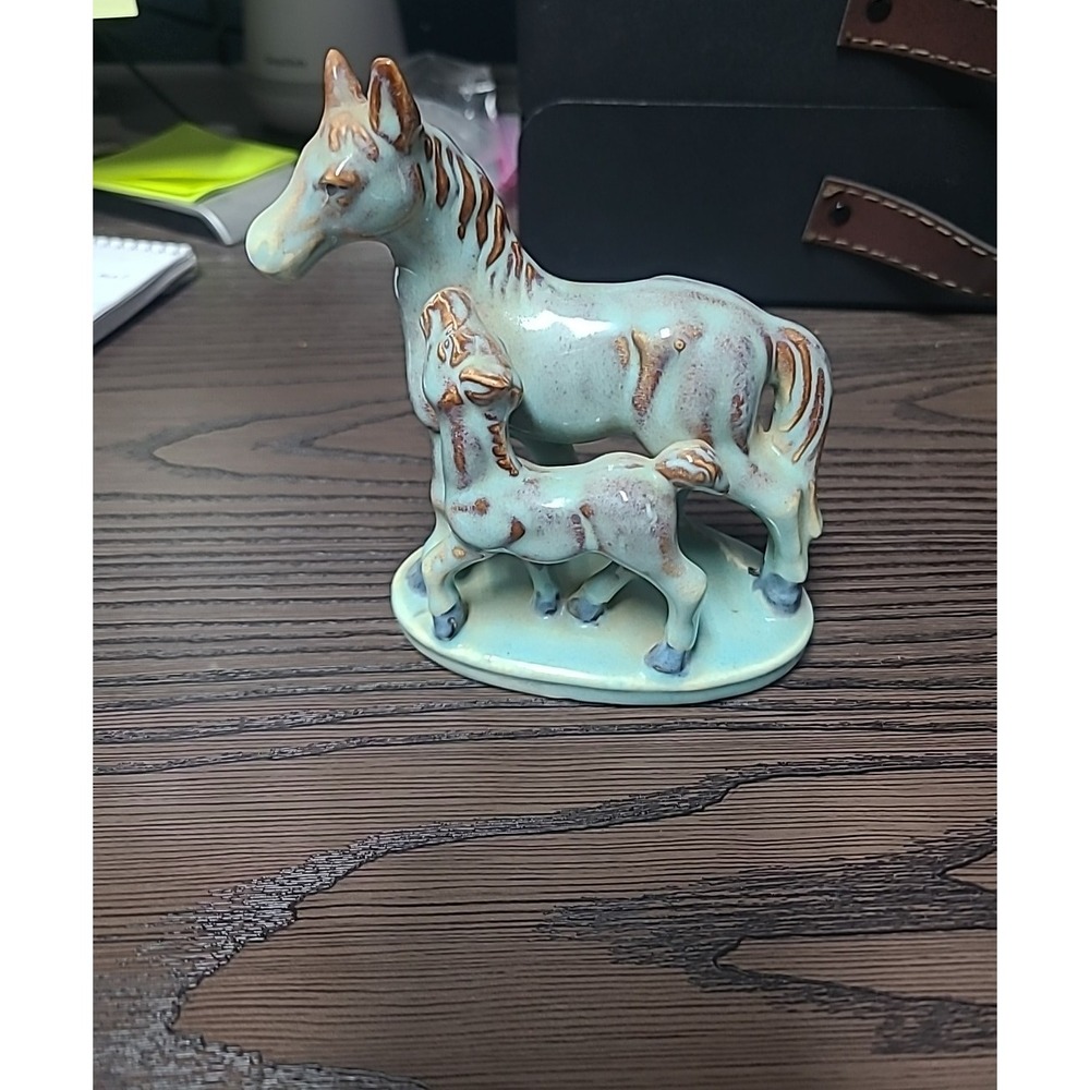 1935 VTG Ceramic Teal Western Mother‎ Mare Dam Horse Foal Figurine Statue Japan